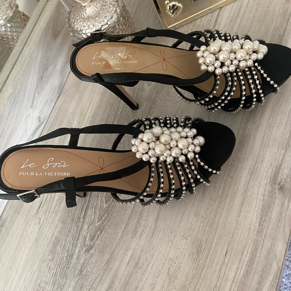 Pour La Victoire Black Heels with Pearl and Bead Embellishments
